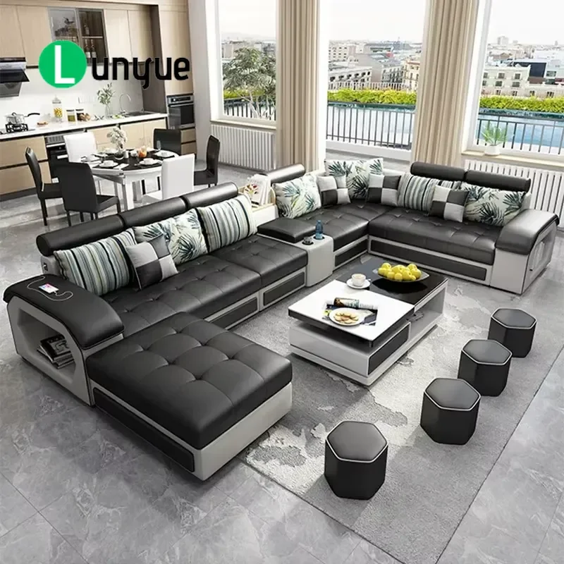 New Large Living Room Multi-Functional Sofa Modern Music U Shaped Fabric Sofa Wholesale Wireless Charging L Shaped Couch