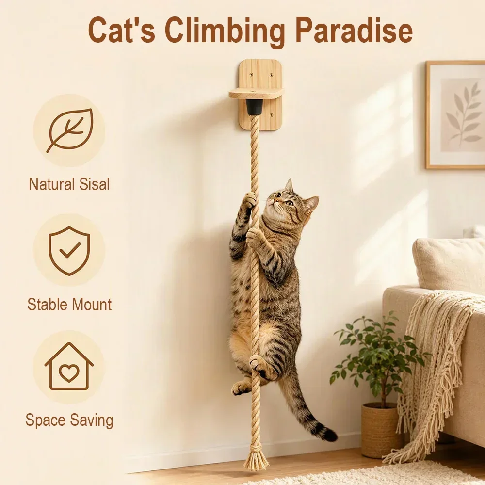 1.3m Wall Mounted Cat Climbing Rope Sisal Hemp Scratching Rope with Pine Wood Base Wall Scratching Post Set for Indoor Cats Play