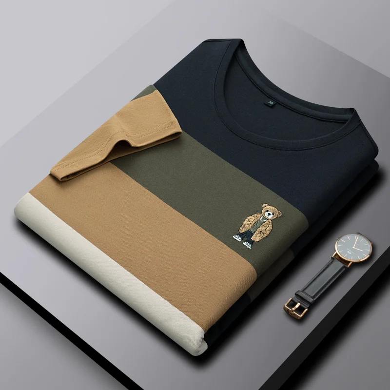 Exquisite cartoon bear embroidery men\'s striped short sleeved T-shirt summer pure cotton fashionable breathable casual T-shirt