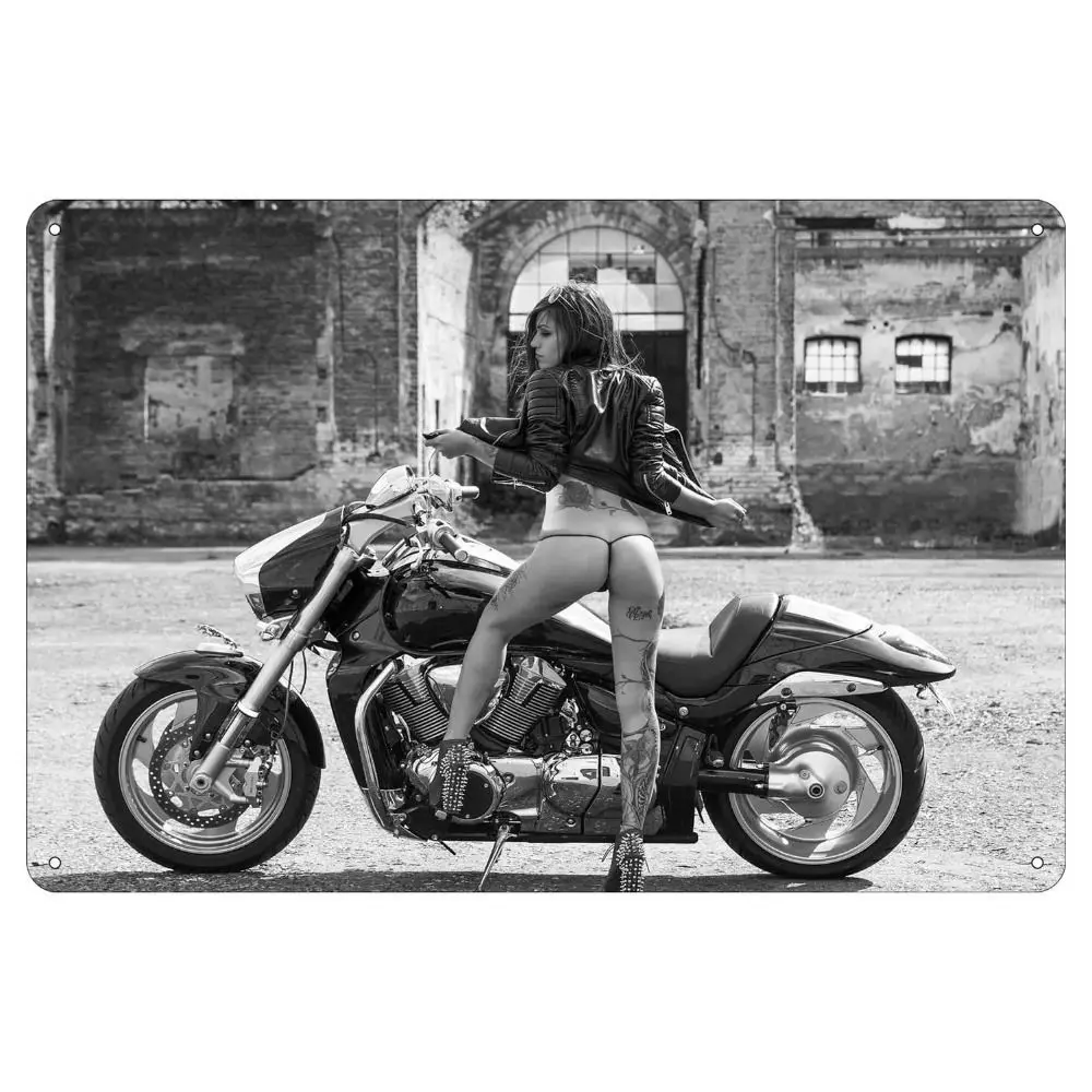 CIFBUY Retro Biker Girl Metal Tin Sign, Black‑White Motorbike Theme Aluminum Wall Plaque Garage Decor