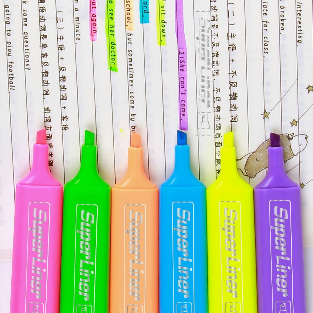 4 pcs Wholesale Highlighter, Marker 6-Color Oblique Head Color Marker Thick Head Fluorescent Office Label Pen Back To School