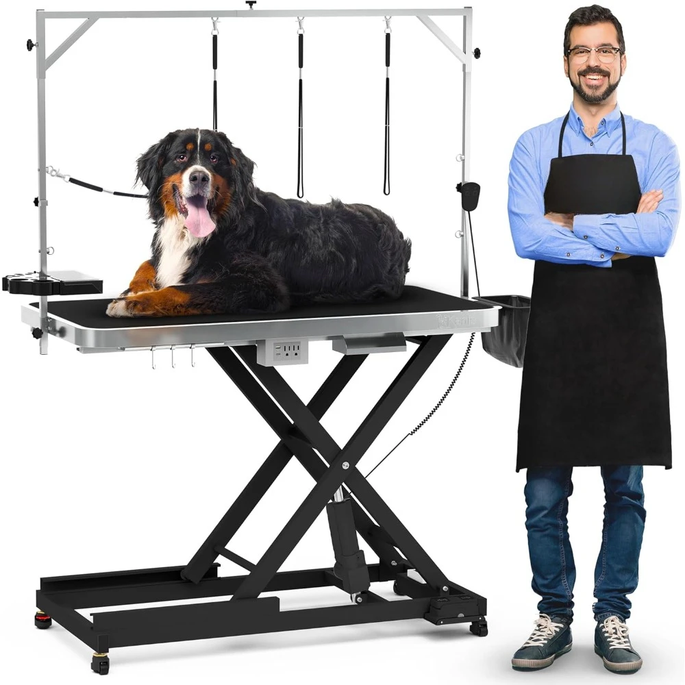 Pet Grooming Table w/Leveling Wheels, Dog Grooming Arm, Anti Slip Tabletop & Tool Organizer/Dog Grooming Station (49