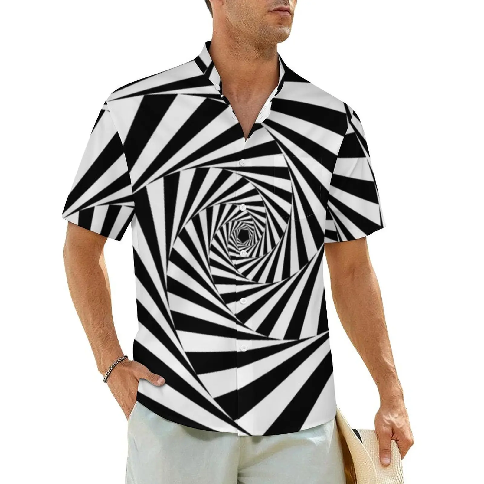 

Black And White Eyes Optical Illusion Beach Shirt Men Spiral Modern Abstract Elegant Casual Shirts Hawaiian Street Style Blouses