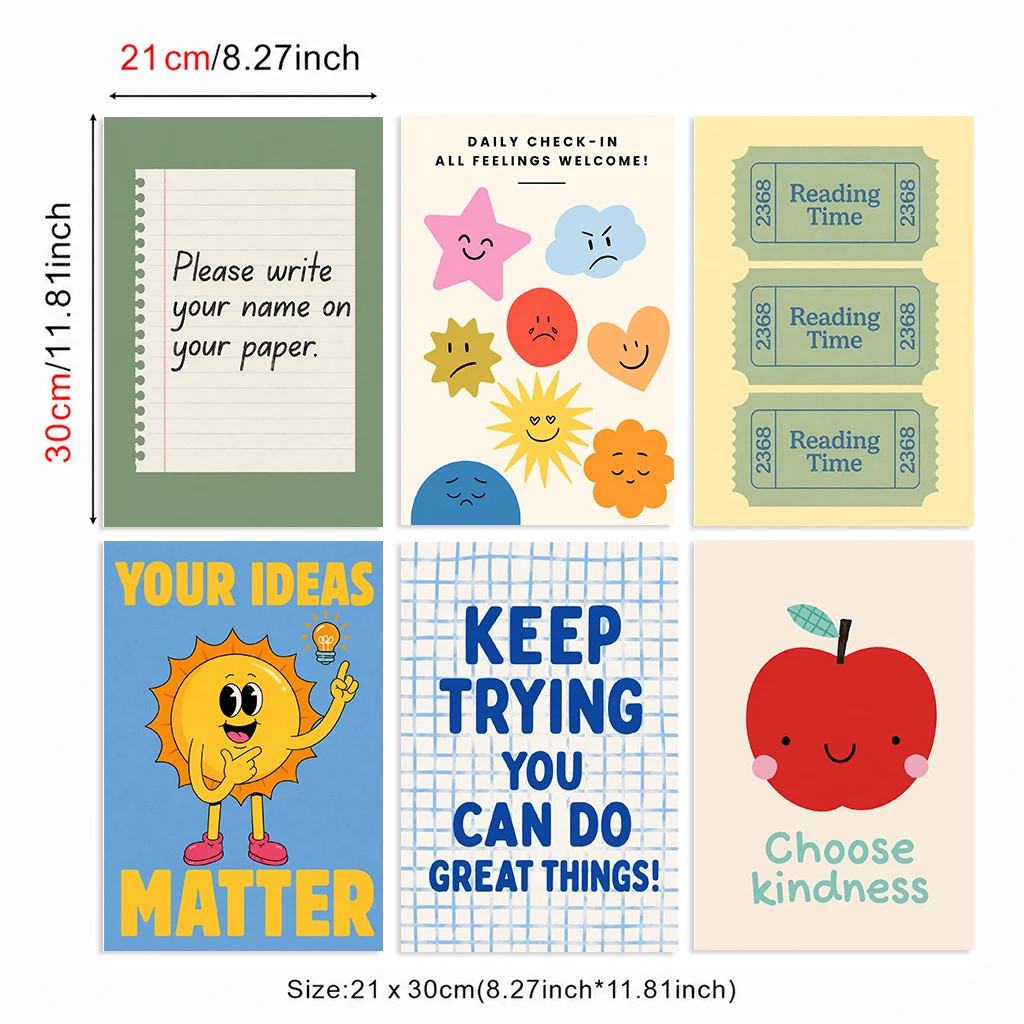 Set of 6 Classroom Encouragement Feelings Reading Time Ideas Matter Keep Trying Kindness Modern Decorative Canvas Poster Wall
