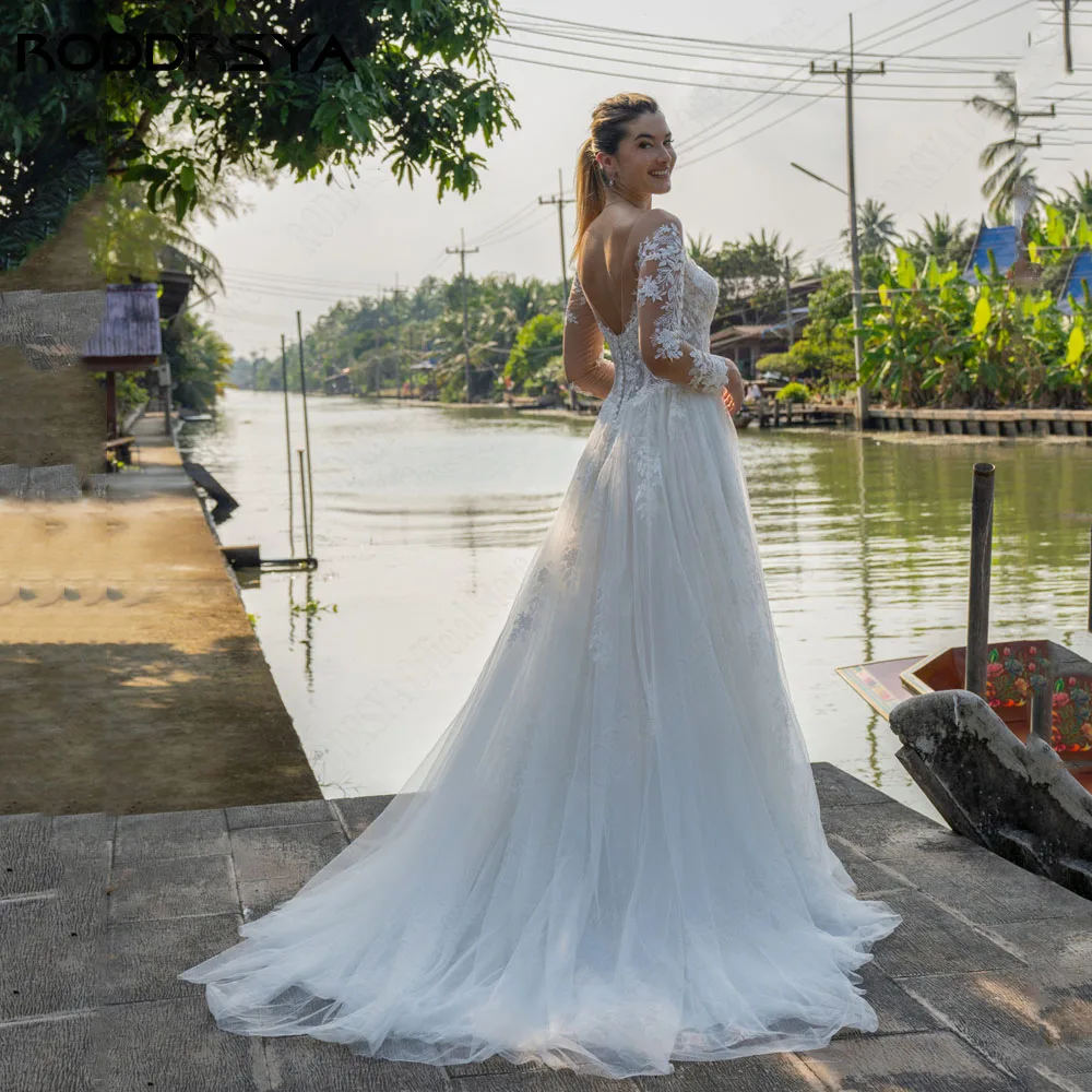 RODDRSYA gaun pengantin lengan panjang, gaun pengantin renda punggung terbuka Applique A-Line kain Tule sendok leher ilusi gaun pengantin Hochzeitskleid