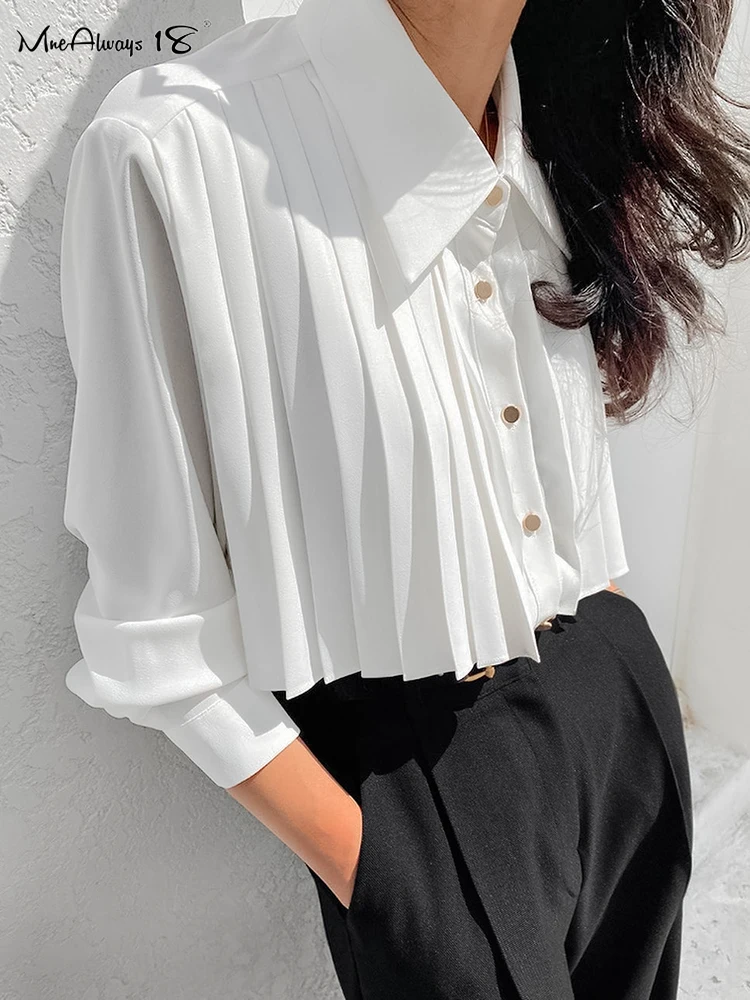 Mnealways18 Elegant Pleated Chiffon Shirts For Women Turn Down Collar White Classic Blouses And Tops Autumn Winter Black 2024