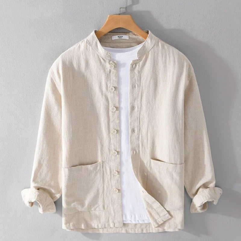 

Men's Casual Linen Stand Collar Shirt Long Sleeve Button Down Pocketed Loose Fit Solid Color Blouse
