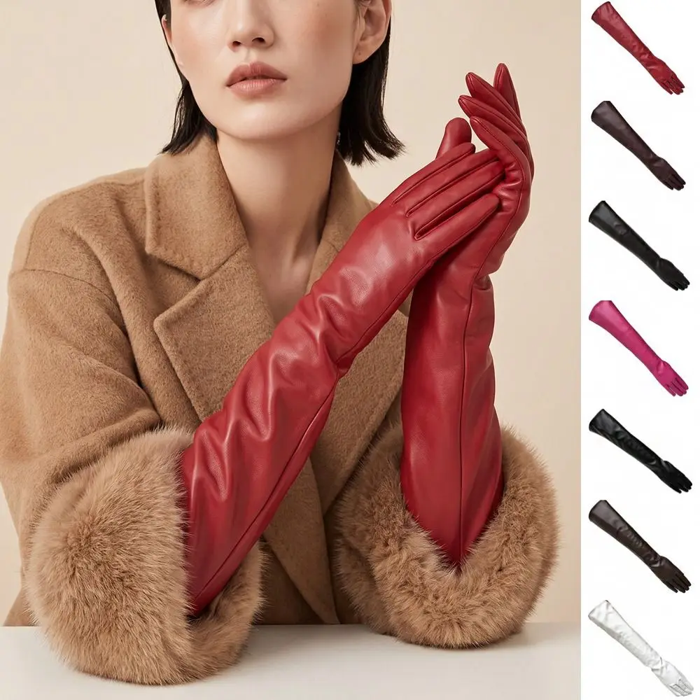 High Quality Solid Color Pu Leather Gloves Full Finger 1920s Long Gloves Retro Warm Touch Screen Mittens Winter