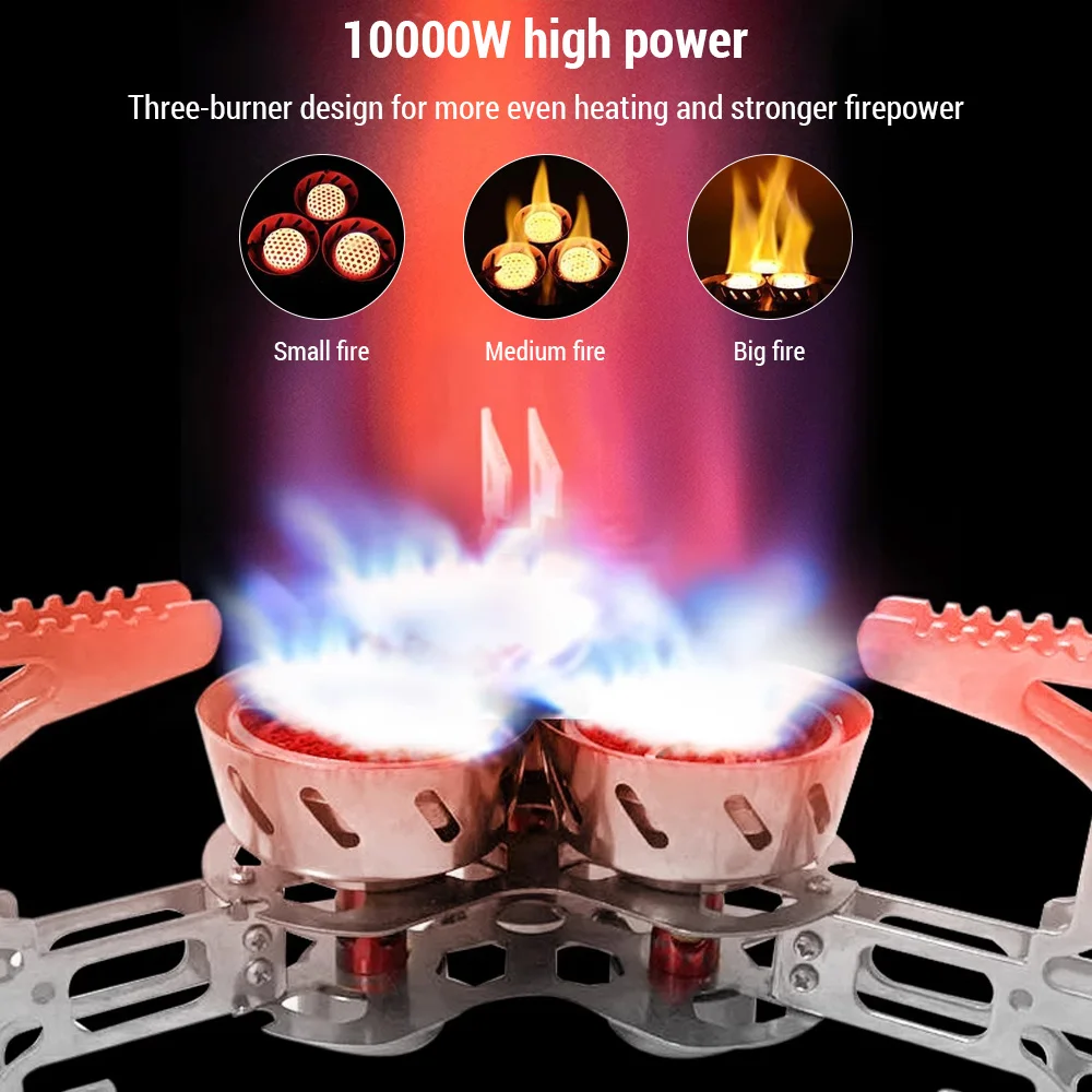 Camping Stove Gas High Power 10000W Portable with Adjustable Firepower Quick Press Ignition Foldable Three-Burner