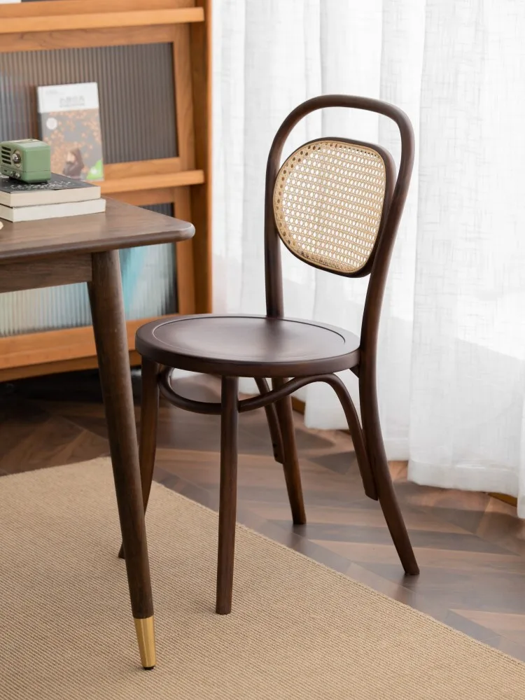 Solid wood rattan dining chair, home designer backrest, black walnut log chair