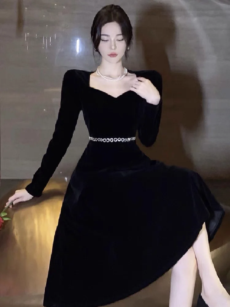 Topenomi French Retro Banquet Party Dresses Women Autumn Elegant High Waist Long Sleeve A Line Mid Length Wedding Evening Gown