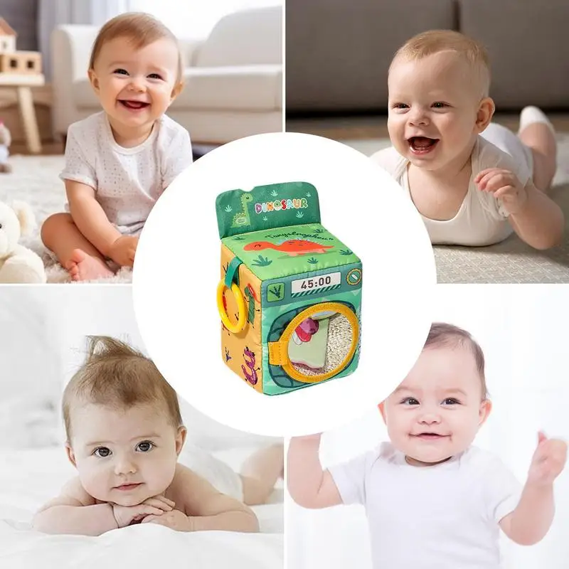 Caja de pañuelos para bebé, caja de pañuelos masticable suave con forma de lavadora de dibujos animados, juguete sensorial, juego de Aprendizaje Temprano para niños
