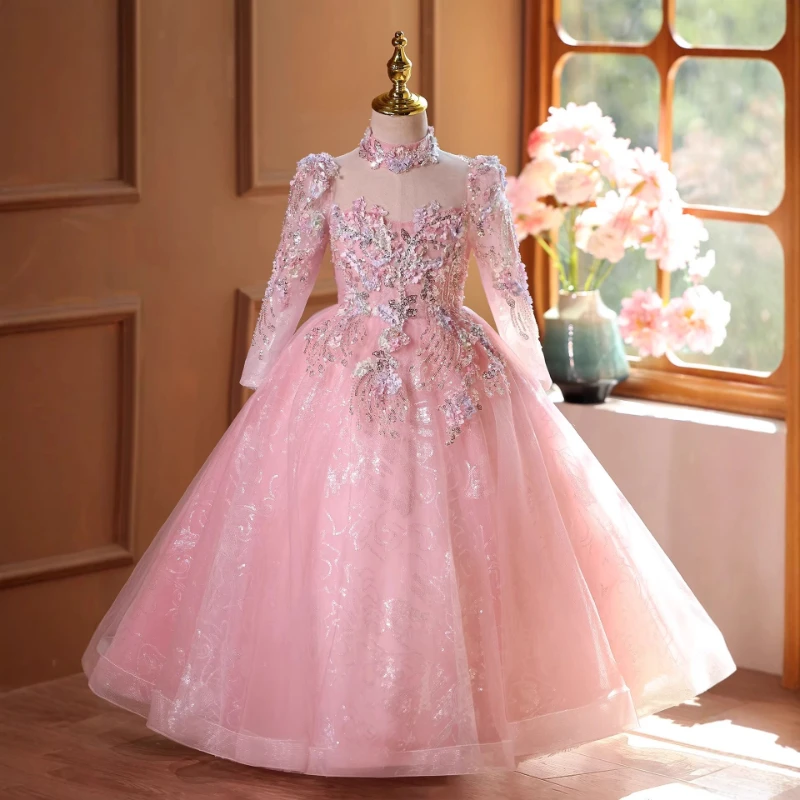 

Long Sleeve Princess Birthday Party Dress Girls Host Pageant Piano Recital Performance Gown Celebration Children Elegant Outfit