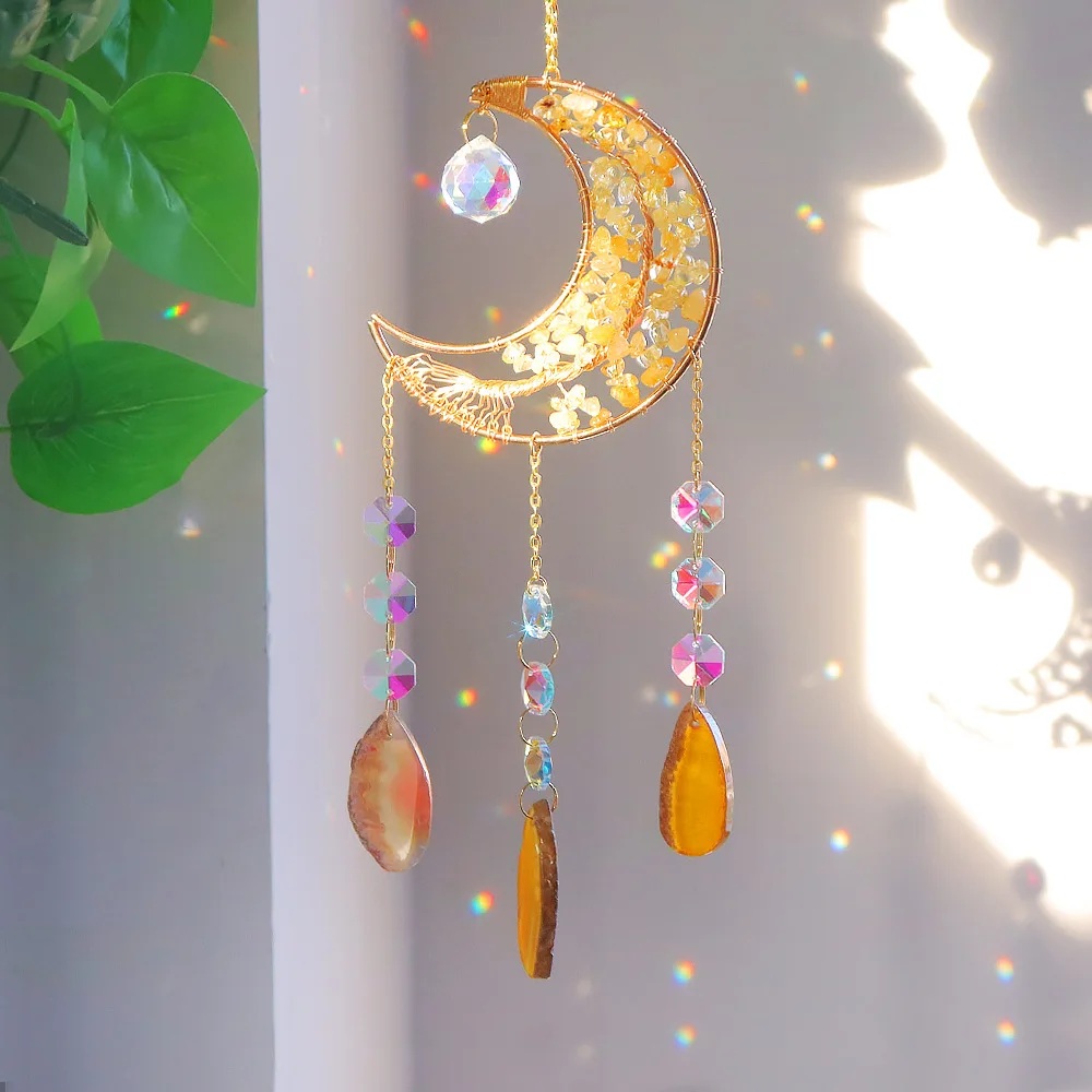 Custom Citrine Chip Stone Tree of Life Crescent Moon Sun Catcher - Glass Pendants Hanging Ornament for Window Decor