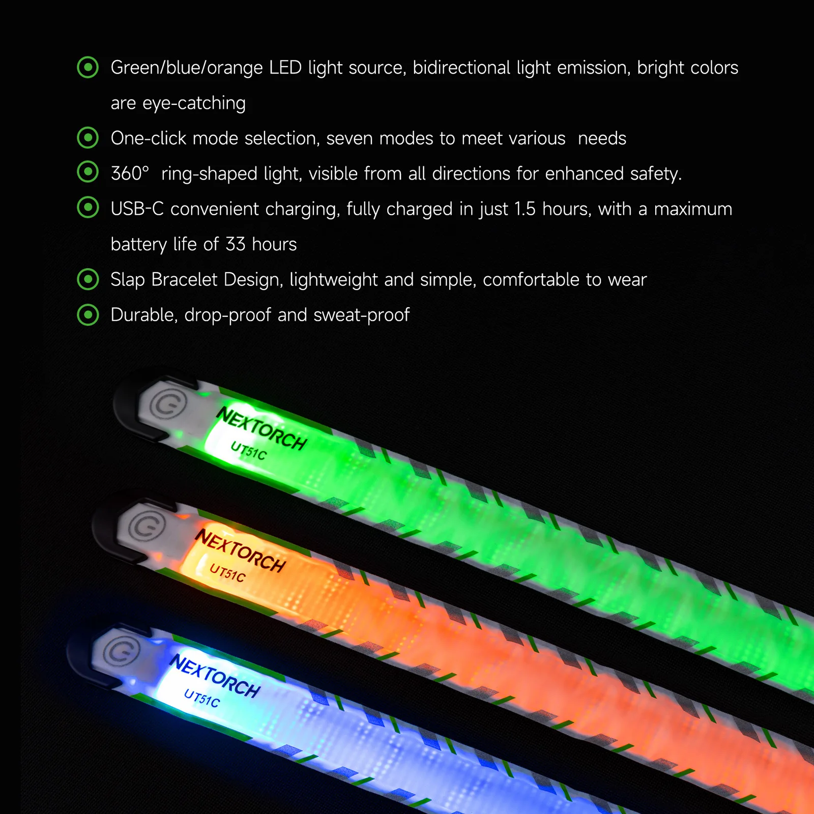 NEXTORCH-Bracelet lumineux LED aste en C laqué, source de lumière multicolore, sport de nuit, lumière de sécurité pour avertissement de signal