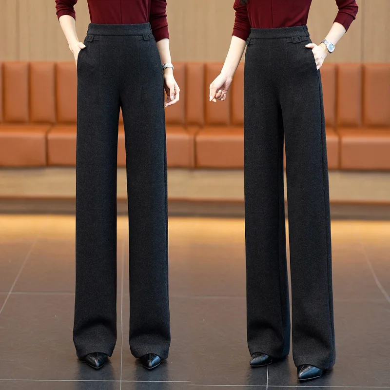 여성을 위한 패션 트렌드 다용도 울 와이드 레그 팬츠, 새로운 가을 및 겨울 스타일, 우아한 출퇴근용 하이웨이스트 슬림핏