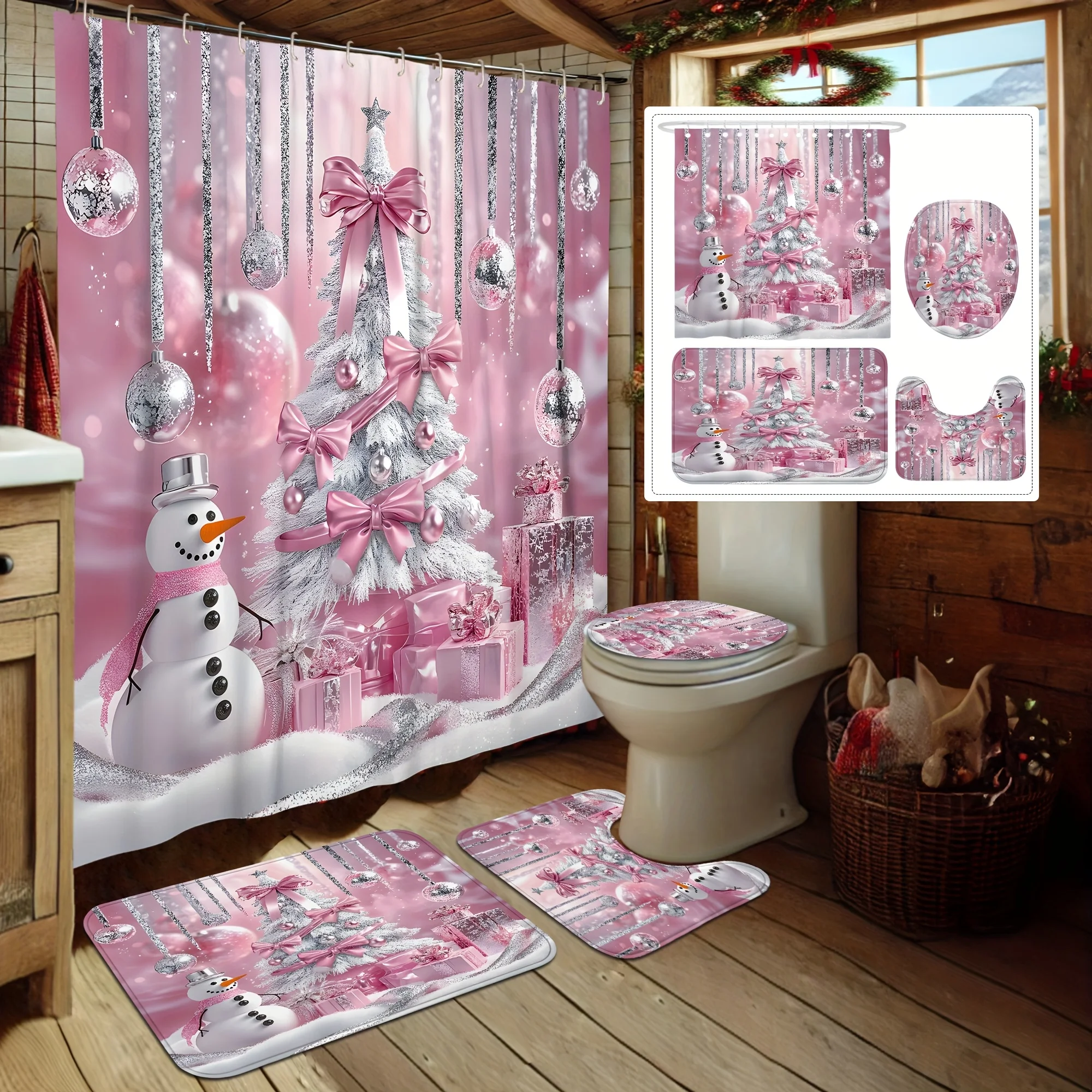 4PCS Merry Christmas Shower Set – Tree Snowman Ball Pink & Silver Print 12 Hooks Non-Slip Mat U-Seat Cover Holiday Decor