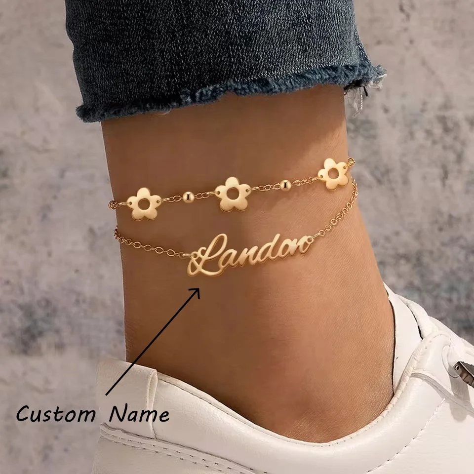 

Customized Name Anklet With Flower Layered Personalized Jewelry For Women Fashion Delicate Summer Layered Bridesmaid Anklet