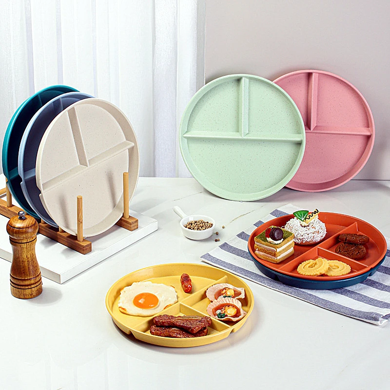 Three-Grid Main Dinner Plate Wheat Straw Divided  Anti-fall Food Fruit Salad Meal Breakfast Tray Adult Kitchen Dinnerware