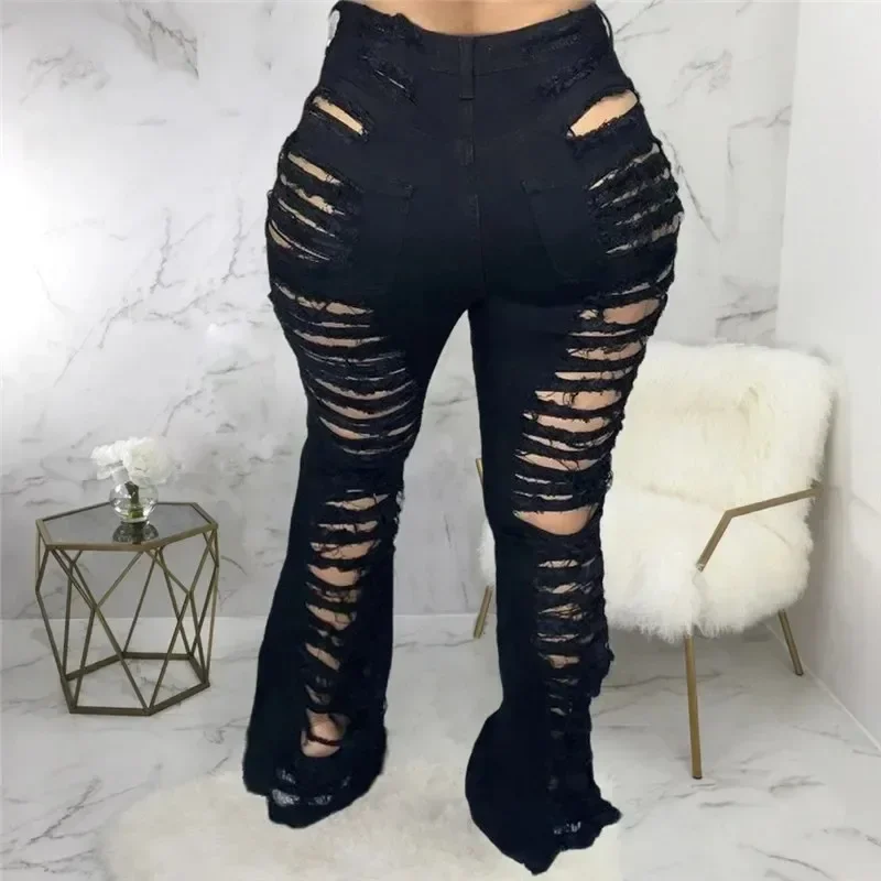 Fashion Indie Style Oversize Sexy Tassels Denim Flared Pants Night Club Women Ripped Jeans Blue Black Hollow Out Trousers 3XL