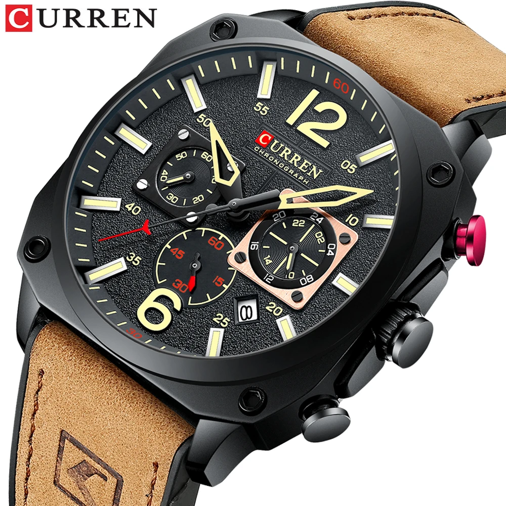 Relojes de pulsera de cuarzo marrón de lujo de marca CURREN para hombre, reloj de cuero con cronógrafo luminoso, reloj deportivo informal