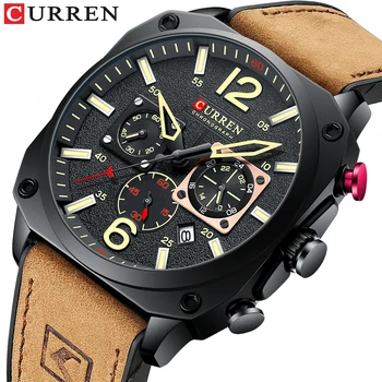 CURREN Merk Luxe Heren Bruin Quartz Horloges voor Mannelijke Lichtgevende Chronograaf Wijzerplaat Lederen Klok Casual Sporthorloge