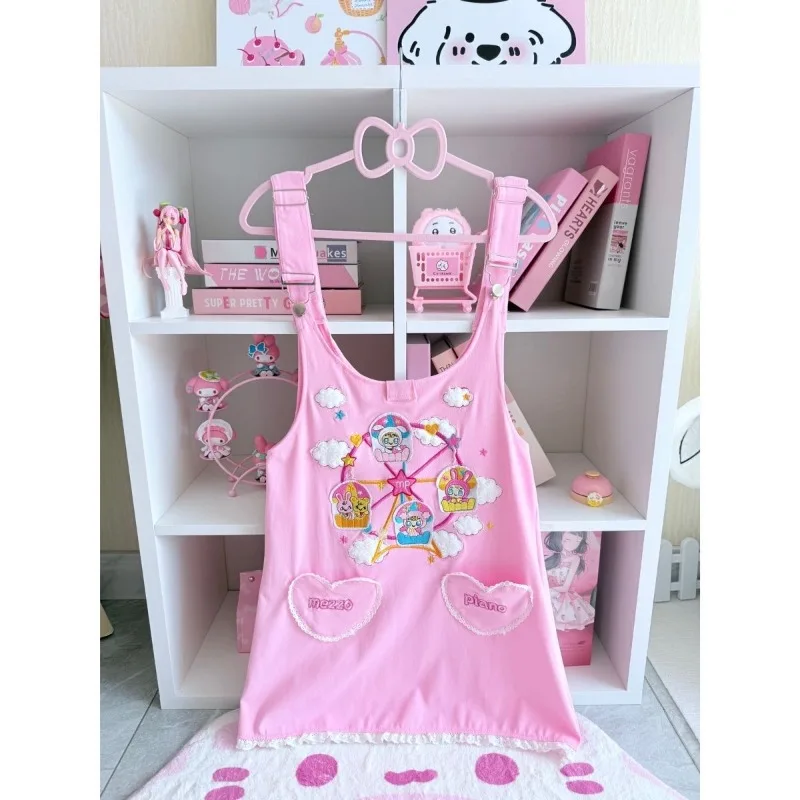 Cute All Match High Street Casual 2 Piecfe Sets Y2k Simple O Neck Short Sleeeve Tops Pink Kawaii Cartoon Embroidery Strap Dress