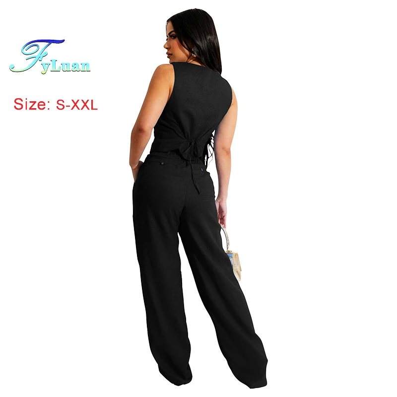 Set da due pezzi da donna alla moda Abito in tinta unita con scollo a V Gilet senza maniche Slim Fit Pantaloni lunghi a gamba larga solidi Set eleganti a vita alta