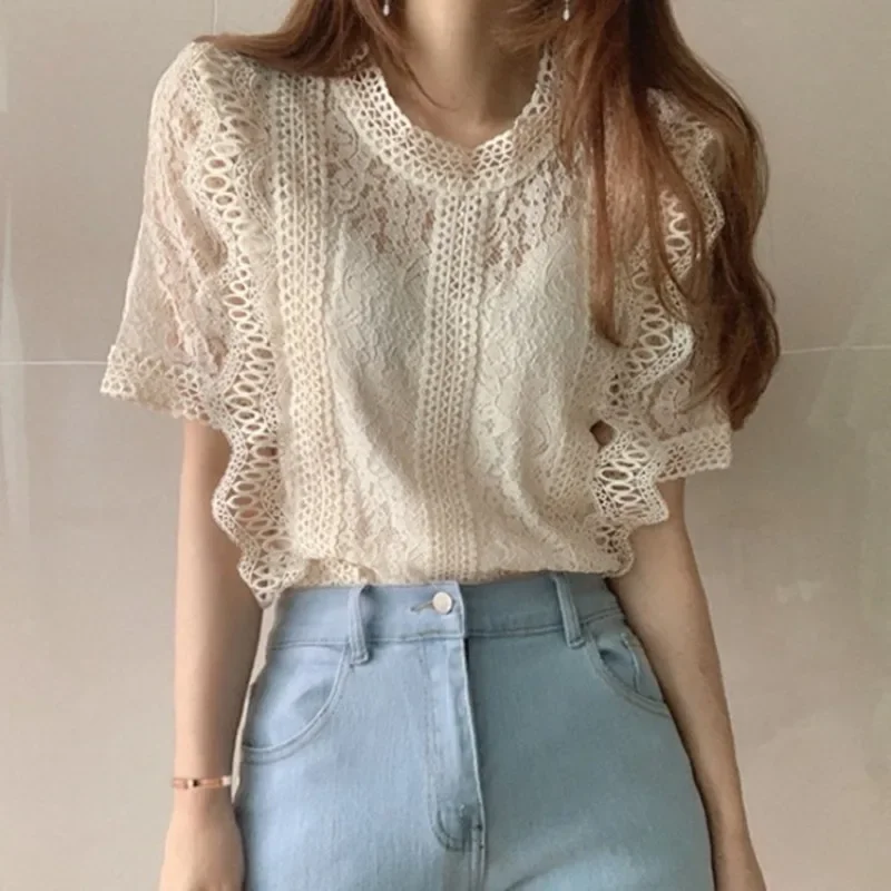 Elegant Hollow Out Lace Shirt Woman Summer Sheer O-Neck Short Sleeve T-shirt Women Loose Crochet Flower Sun Shirts Ladies Tops