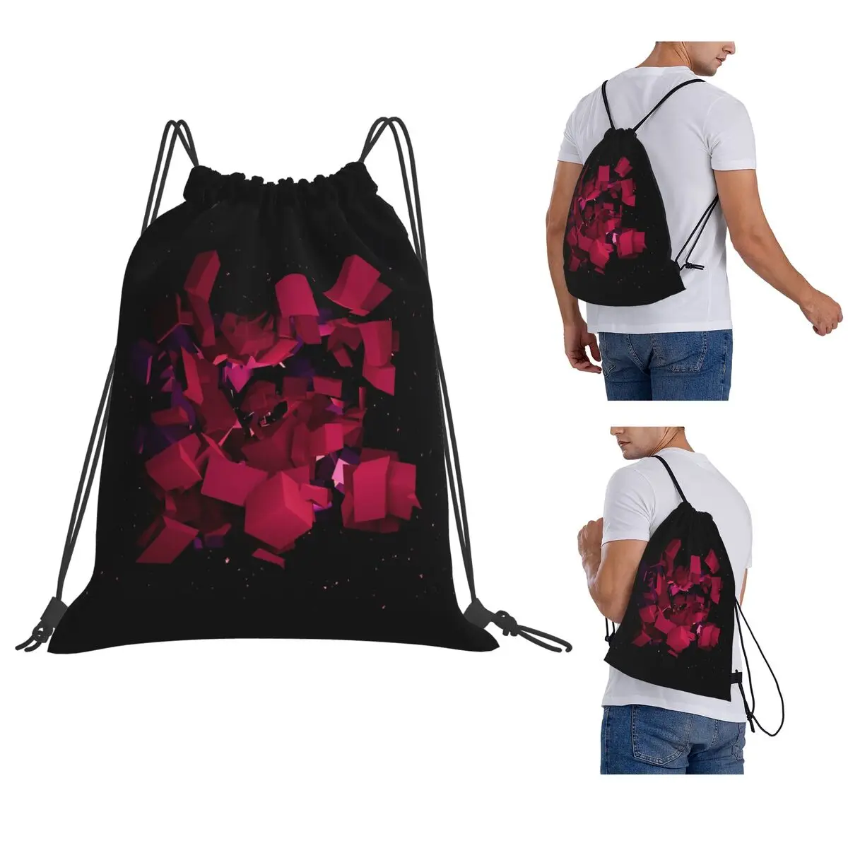 Pink Cubes Space Explosion Backpacks Fashion Drawstring Bags Shoes Bag Book Bags for Man Woman School