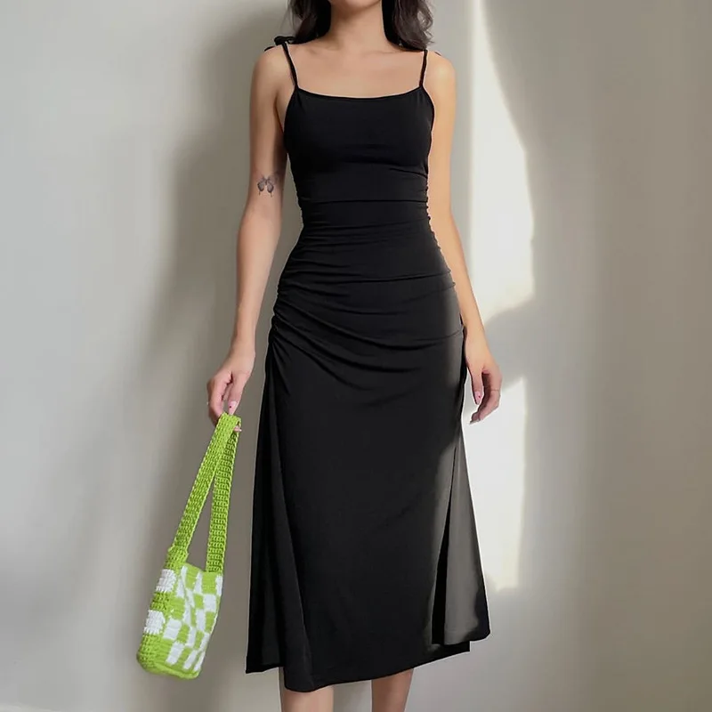 

Slimming Bla Strapl Dr Women's Side Waist Gathered High Waist A-Line Skirt Milk Fiber Sexy Summer New Arrival