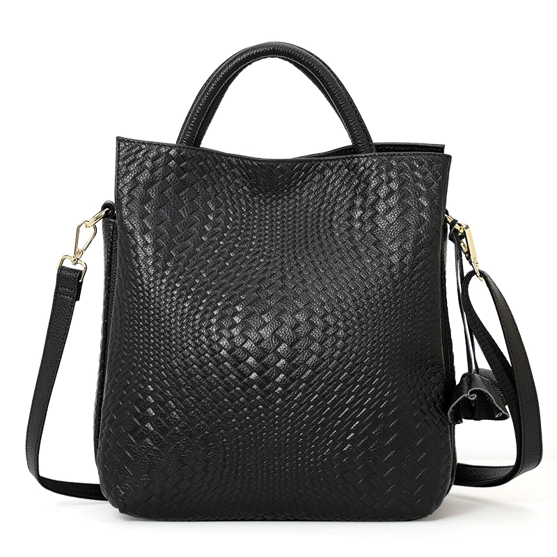 Hand Woven Texture Cow Leather Tote Bag Ladies Large Space Top Handle Shoulder Bag Adjustable Strap Crossbody Daily Handbag