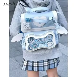 Mochilas bidimensionales de estilo japonés para mujer, bolsos cuadrados Kawaii que combinan con todo, bolso de moda azul