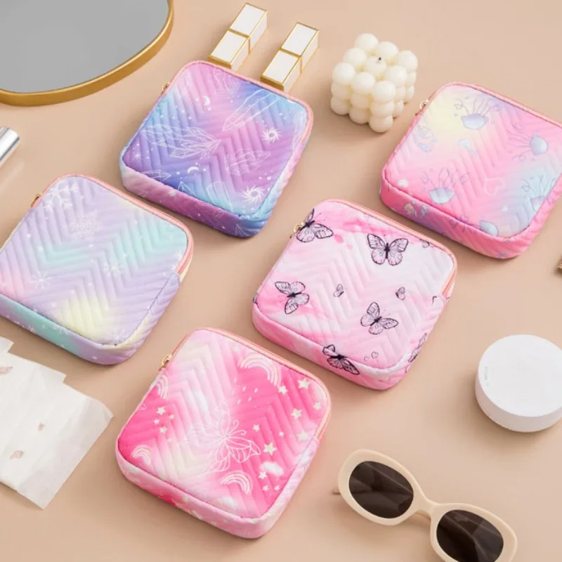 Women Beauty Butterfly Cartoon Girl Sanitary Napkin Storage Bag Cute Small MakeUp Bag Coin Key Purse Card Holder Bag Case