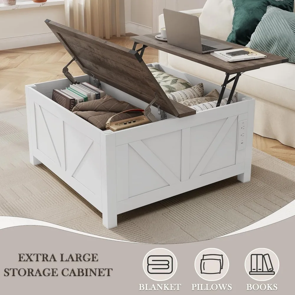 طاولة قهوة المزرعة مع سطح رفع مع منظم تخزين مخفي، طاولة قهوة مربعة الشكل لغرفة المعيشة مع شاحن #5