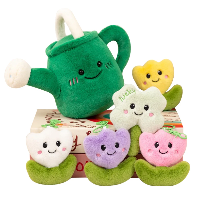 Precioso regadera y flor de Peluche, juguete bonito y colorido con colgante de trébol y flores, muñeco de Peluche suave para decoración de fiesta en casa