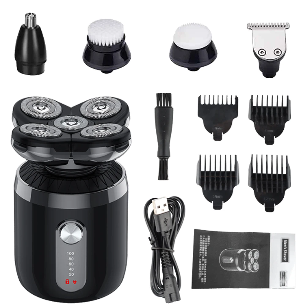 

Электробритва мужская 5-в-1 с 5 насадками, перезаряжаемый триммер для бритья наголо, водонепроницаемый набор для ухода с триммером для носа и машинкой для стрижки волос