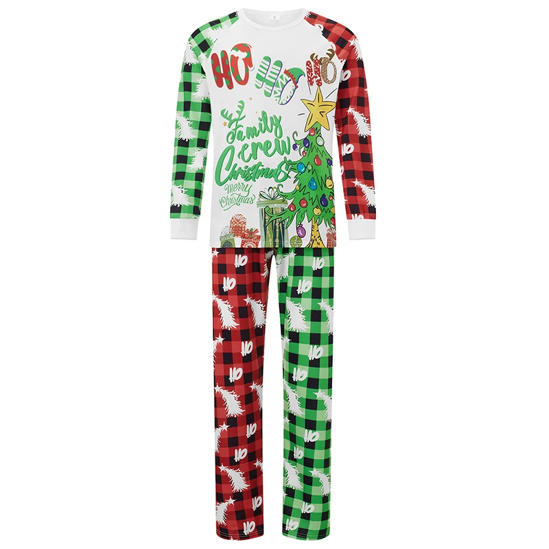 Conjunto de pijamas familiares de Natal combinando camiseta de manga comprida com estampa de árvore e calças xadrez Pijamas Loungewear