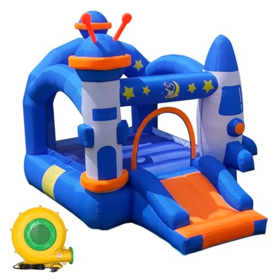 

Space-Themed Inflatable Bounce House for 3-6 with Basketball Hoop Jump Area and Slide Pink and Blue Inflatable Bouncy Castle wi