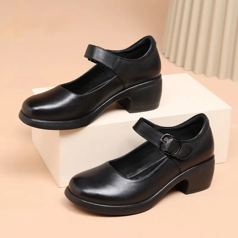 Zapatos de mujer Damen-Schuhe, niedlich, süß, runde Zehenpartie, hochwertiges schwarzes Leder, Schnallenriemen, rutschfest, für Studenten, Schule, Absatzschuhe, A581