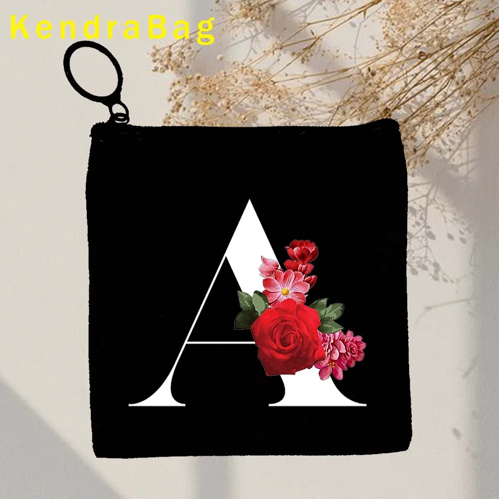 Floral Initial Letter Black A to Z English Alphabet Flower Print Key Coin Purse Canvas Bag Pouch Cotton Bags Wallet Zipper Gifts