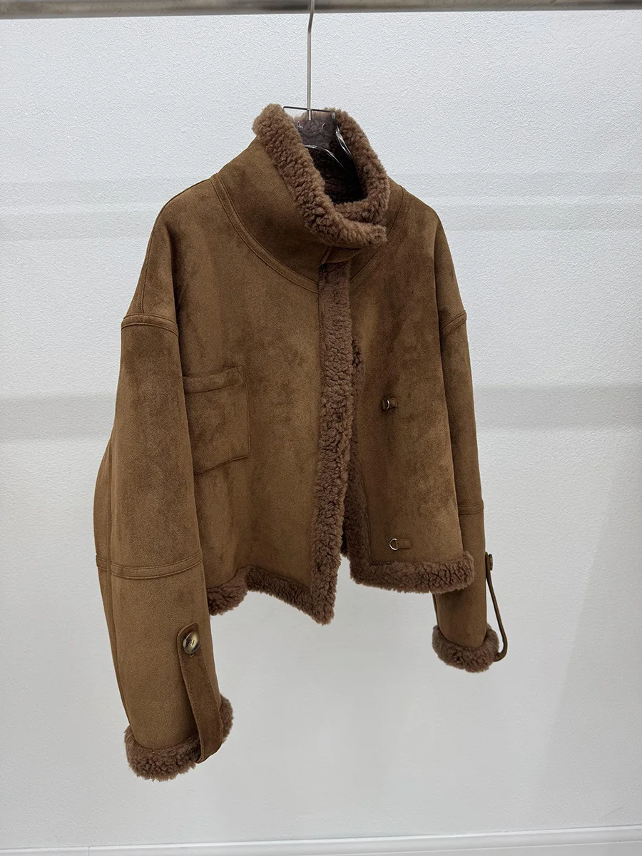 معطف قصير من الصوف المدبوغ من الفرو الصناعي للشتاء للنساء #5