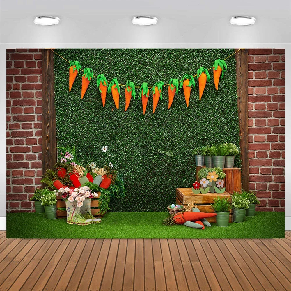 Easter Day Home Party Decoration Photography Background Green Lawn  Carrot Flower Garden Backdrop Children Portrait Studio Photo