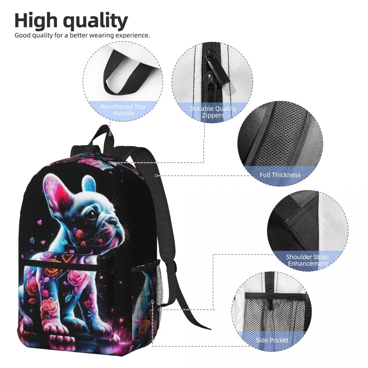 Colorful Flower French Bulldog Backpack Daypack Large Capacity Children BookBag School Bag Shoulder Bags for Men Women
