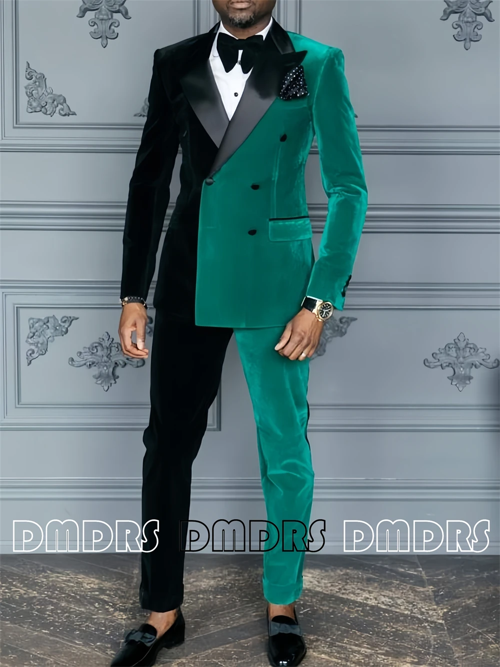 Comform Velvet Suit for Men, Two Pieves Men's Suit, Double Breasted Contrast Color Jacket with Pants, Tailored Groomsman Suit