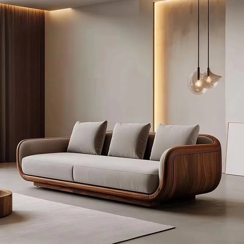 Italian Minimalist Sofa Set Black Walnut Fabric High-End Villa Living Room Modern Light Luxury Solid Wood Back with Sponge