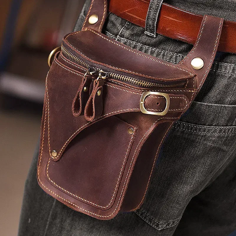 Leather fanny pack retro mad horse leather motorcycle rider locomotive cowhide bag