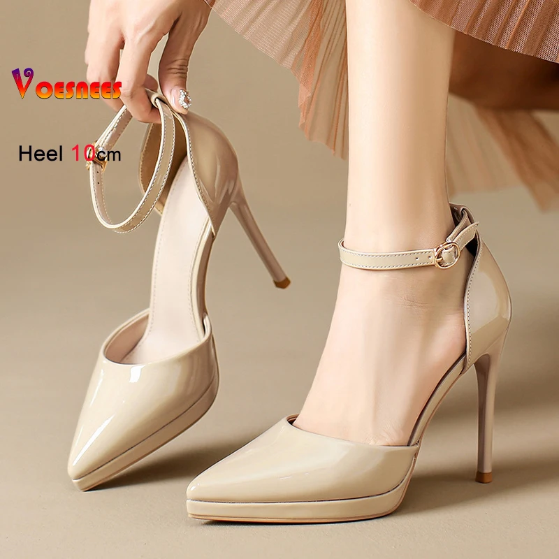 

New ﻿Summer Naked Color Rivets Women's Sandals Thin Heels 13cm Platform Ankle Buckle Front Cross Strap Ladies Pumps Dress Shoes