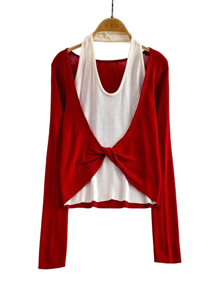 

Sexy Knitted Slimming Ne Hanging Top Women's Patchwork Twist Korean Sle Long Sve V-ne Sweater Trendy Commute Faion