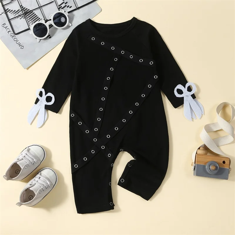 

2023-07-21 Lioraitiin 0-3Years Toddler Baby Girls Boys Rompers Crew Neck Metal Hole Patchwork Scissor Decor Jumpsuit